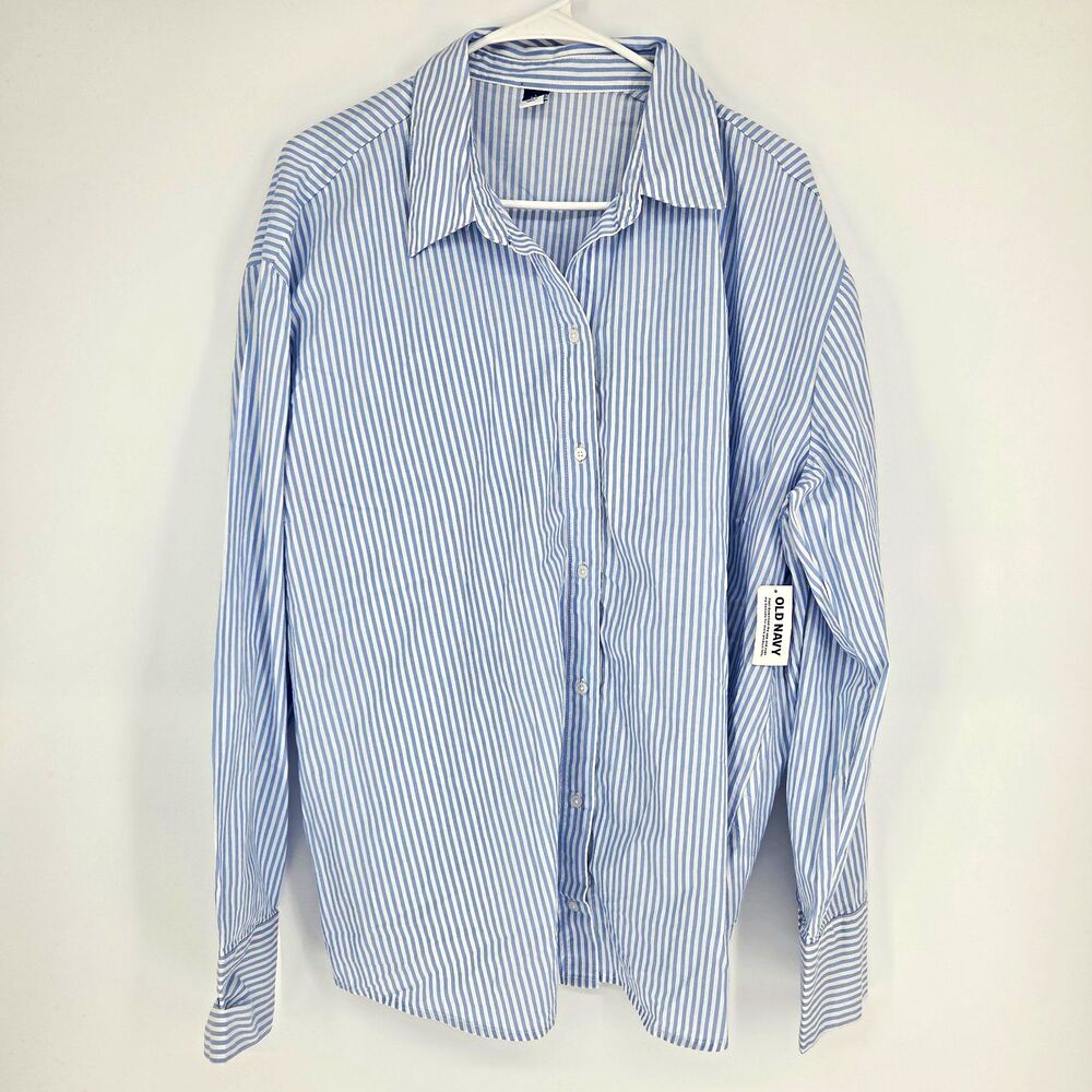 Old Navy Womens Blue White Striped Tie Back Cotton ButtonUp Shirt Long Sleeve Lg